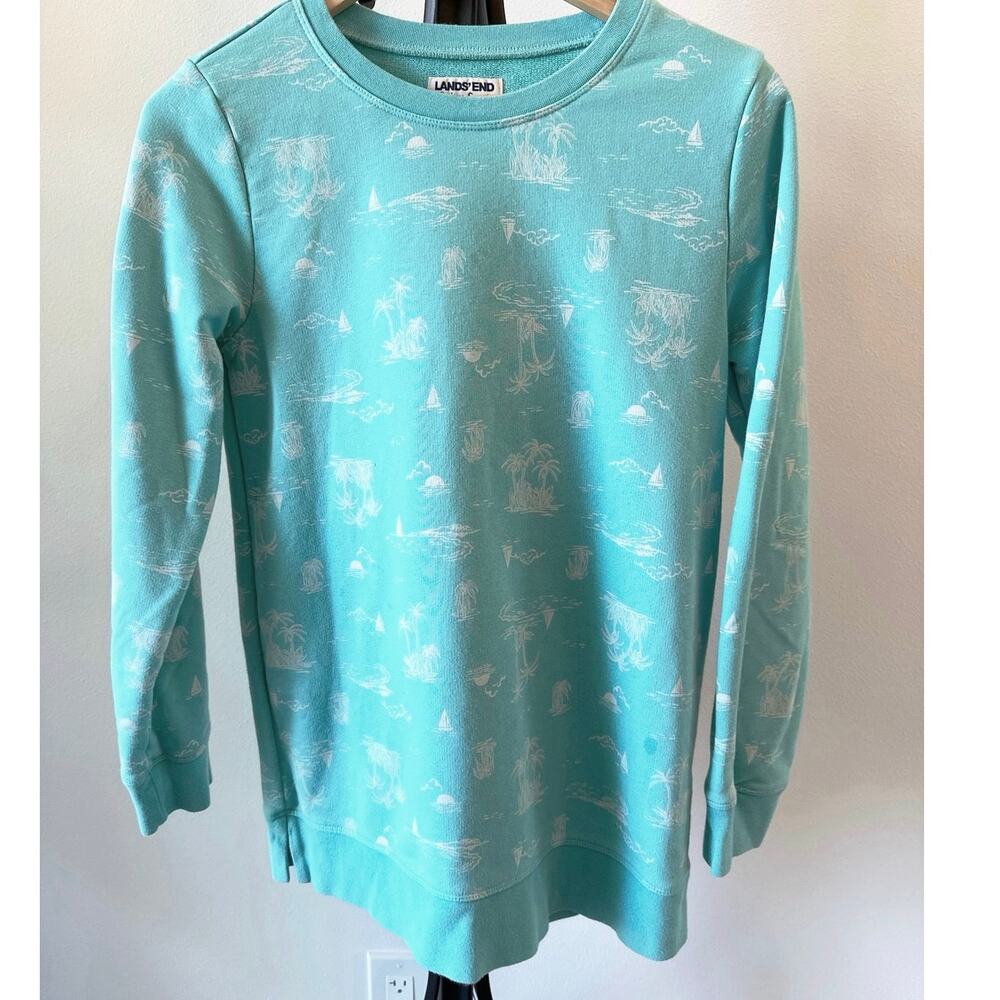 Lands End Serious Sweats Sweatshirt Small 6-8 Turquoise Palm Printed Top